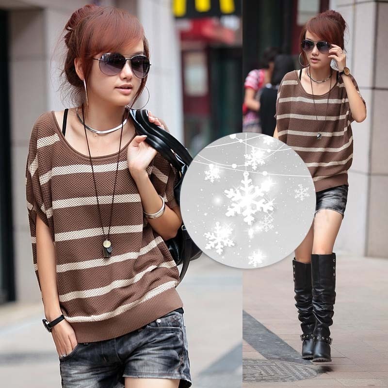 Free Shipping My180 female spring 2012 patchwork stripe batwing sleeve twinset loose all-match sweater SX