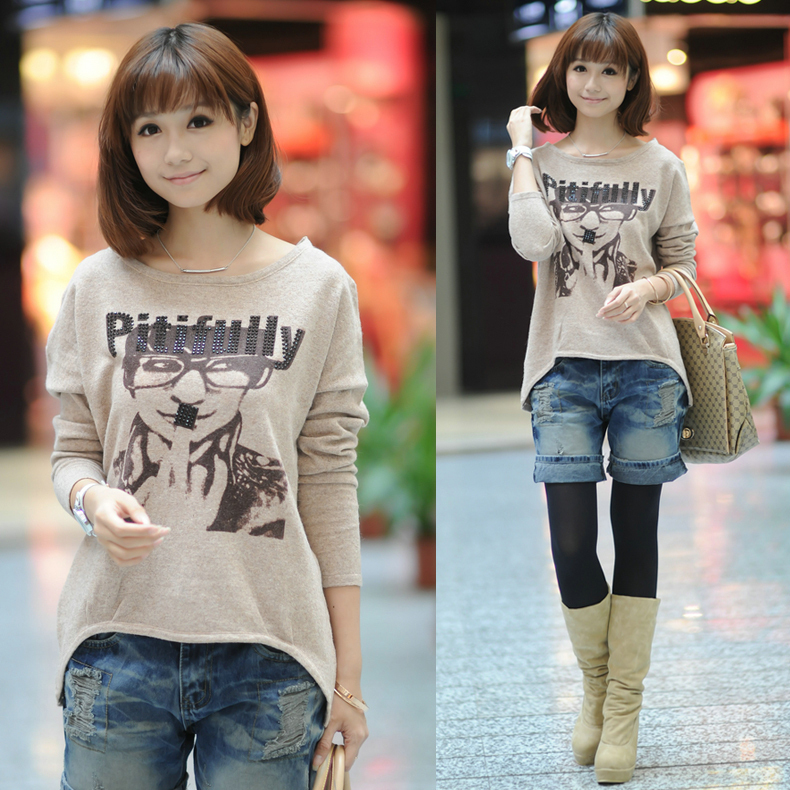 Free Shipping My335 autumn rhinestones print casual all-match sheep wool knitted sweater female SX