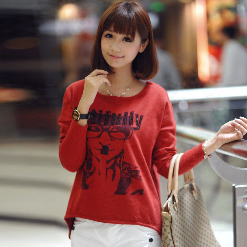 Free Shipping My335 autumn rhinestones print casual all-match sheep wool knitted sweater female SX