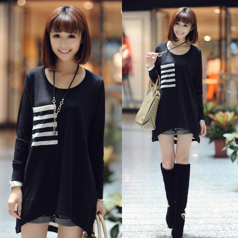 Free Shipping My357 2012 autumn patchwork medium-long stripe long-sleeve sweater women's SX