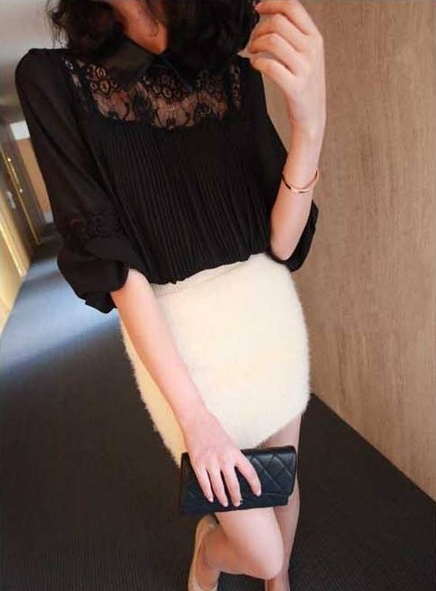 Free Shipping N18 2013 spring leather small lapel sexy black lace patchwork chiffon one-piece dress for Womens