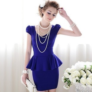 Free shipping navy solid pleated ruffles ladies slim short sleeve mini working dress new fashion 2013