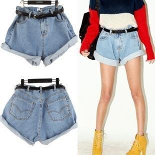 Free Shipping Nda single-shorts sty fashion vintage high waist denim shorts loose plus size roll-up hem female