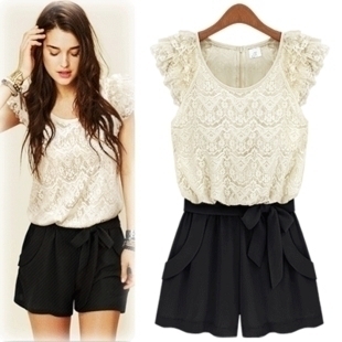 free shipping NEW 2012 chiffon+lace/one-piece dress pants zipper o-neck short skirt/pink/white women jumpsuit M50