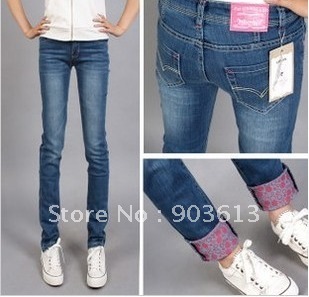 free shipping new 2012 women's jeans elastic slim wearing white blue roll-up hem pants jeans size 26-31