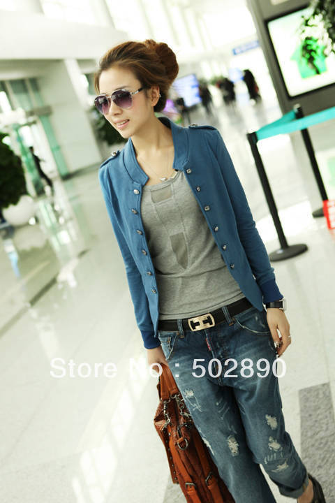 Free Shipping  new 2013 wholesale spring summer  Korean Women solid color stand-up collar epaulet double-breasted jackets