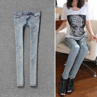 Free shipping new All-match sexy tight stovepipe light blue vintage white pencil pants elastic skinny jeans