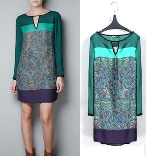 Free Shipping New Arrial 2013  Ladies Green Color Blocking Patchwork BOHO  One Piece Dress