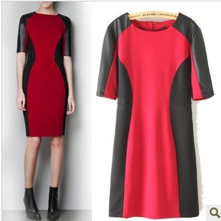 Free Shipping New Arrial 2013  Ladies PU leather Sleeve Red Black Color Blocking patchwork Spring Autumn Dress