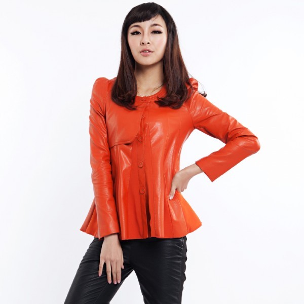 Free shipping New arrival 12 autumn single breasted puff sleeve o-neck PU plus size leather clothing outerwear women's