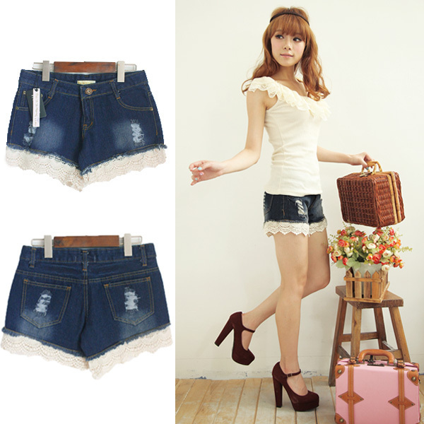 Free Shipping New Arrival 2013 distrressed retro finishing lace decoration low-waist denim shorts jeans, hot pants MY09966SK