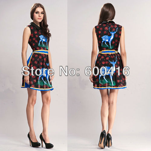 Free Shipping New Arrival 2013  Summer Deers Printed Turn-down collar Pleated Dress  130130DY01