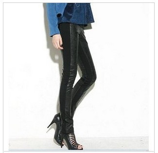 free shipping New arrival 717 elastic thread patchwork basic leather pants pencil pants stovepipe butt-lifting