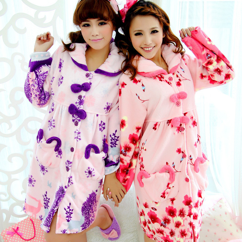 free shipping New arrival autumn and winter women's small pompon flower coral fleece long-sleeve robe nightgown sleepwear lounge