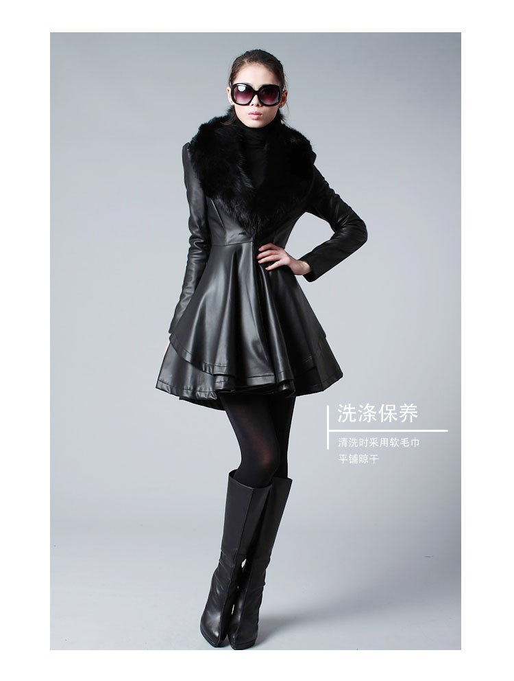 Free Shipping  New Arrival Autumn&Winter fashion  Women's Faux Leather overcoat leather dress with Removable Fox fur collar