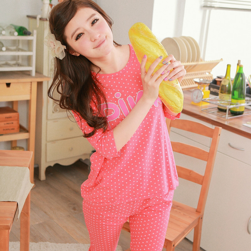 FREE SHIPPING New arrival autumn women's dot 100% cotton lounge sleep set capris half sleeve sleepwear