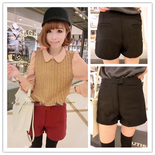 Free Shipping New Arrival Brief all-match high waist woolen shorts Causal Boot Pants(Black+Red+S/M/L)121225#16