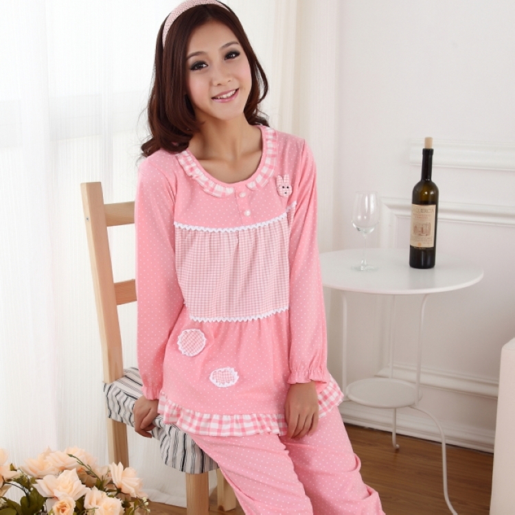 FREE SHIPPING New arrival cartoon spring and autumn women's long-sleeve knitted cotton sleepwear casual set lounge