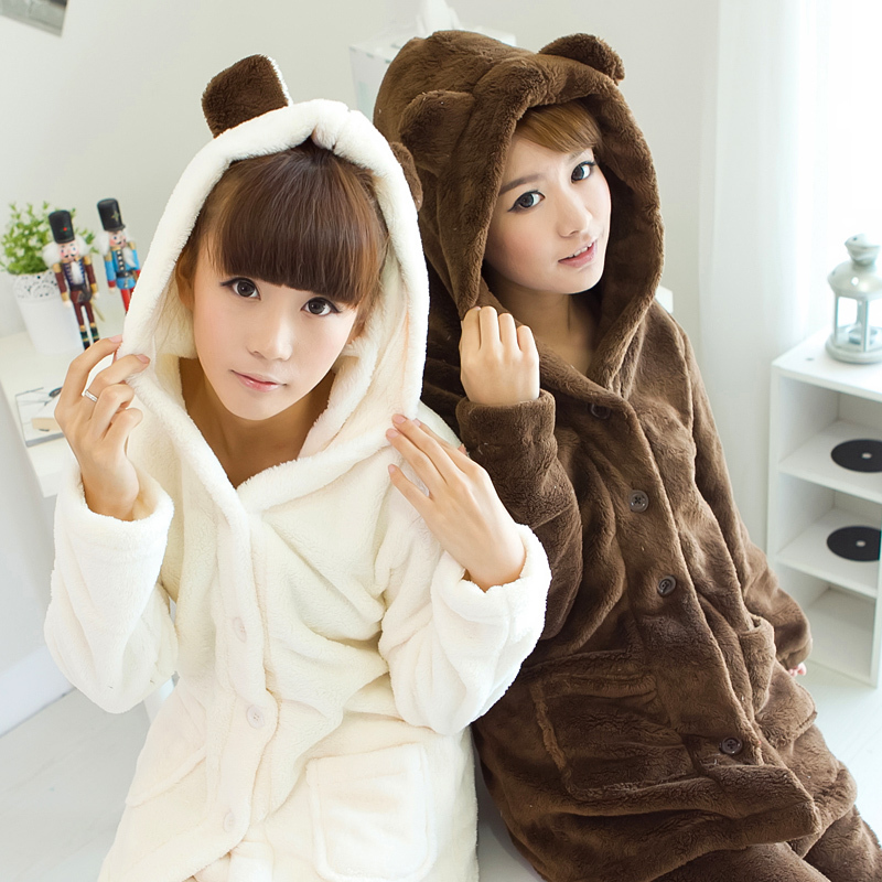 Free Shipping New arrival cartoon with a hood winter bear coral fleece sleepwear female set lounge