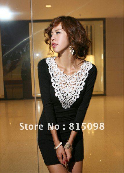 Free Shipping New Arrival Crochet Lace Collar Long T-shirt Style Slim Sexy Black Dress