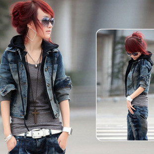 Free shipping,new arrival,faux two piece ladies fashion denim hoodied jacket,S,M,L