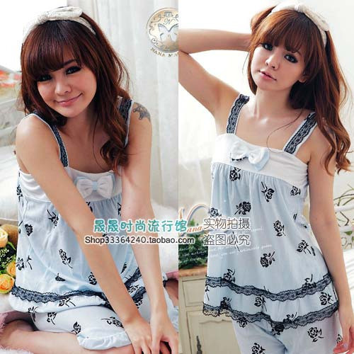 Free shipping New arrival female summer cotton lace princess flower spaghetti strap sleepwear lounge set 2011