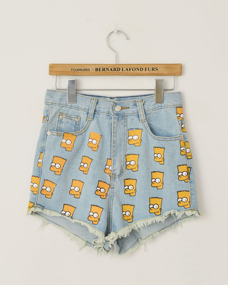 Free Shipping New arrival head portrait print fashion all-match high waist denim shorts women's light blue wholesale