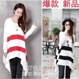 free shipping  new arrival irregular personality wide stripe loose plus size color block maternity long-sleeve top