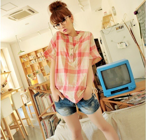 Free shipping,New Arrival,Ladies Stripped Fashion Cotton Short Sleeve Shirt,Brand Shirt,Red&Blue#3016