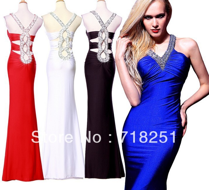 Free Shipping New Arrival Long Deep V-neck Elegant Beading Slim Evening Gown 5 Colors choice