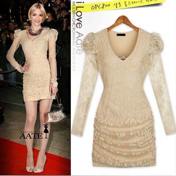 free shipping New arrival long sleeve womens fashion lace dress 1pcs Black/Beige F13