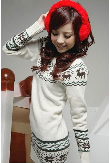 Free Shipping New Arrival Loose Deer Printed Round Collar Long Sleeve Long Sweater