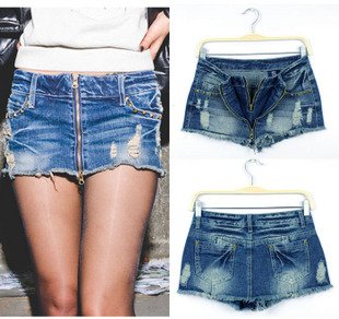 Free Shipping New Arrival Low Waist Distressed Zipper Denim Jeans Pants Skirt, Hot Pants, Summer Pants, Mini Skirts, AD9499SK