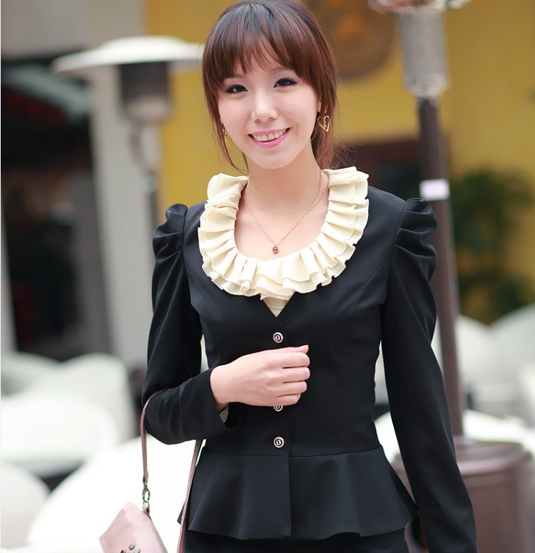 Free shipping New arrival puff sleeve ruffle suit white-collar work wear piece set professional set women's 2012