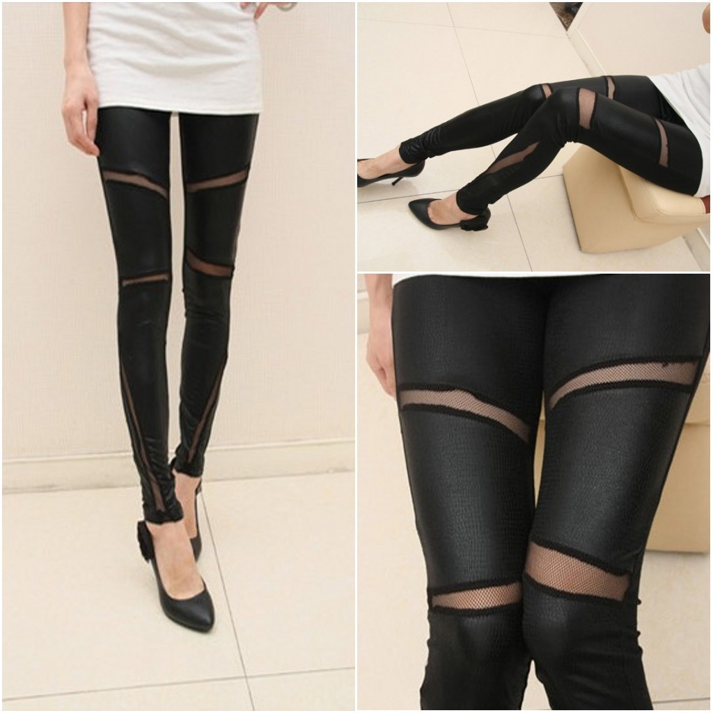 free shipping new arrival serpentine pattern faux leather hole gauze patchwork legging female elastic ankle length trousers