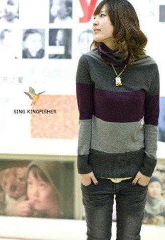 Free Shipping New Arrival Stylish Vogue High Collar Long Sleeve Stripe Knitwear Sweater