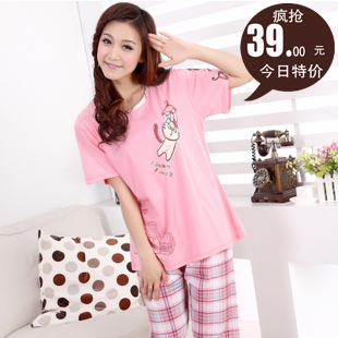 FREE SHIPPING New arrival summer sleepwear women's short-sleeve set summer sleepwear knitted cotton lounge cat