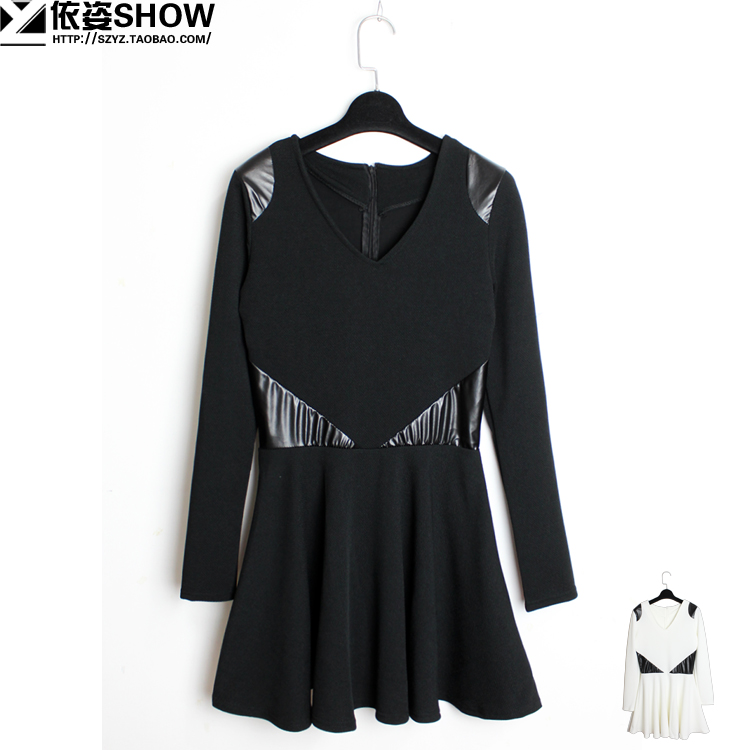 Free Shipping New Arrival V-neck Leather patchwork Dress High Quality shoulder pads slim dress(Black+White+Average)121226#20