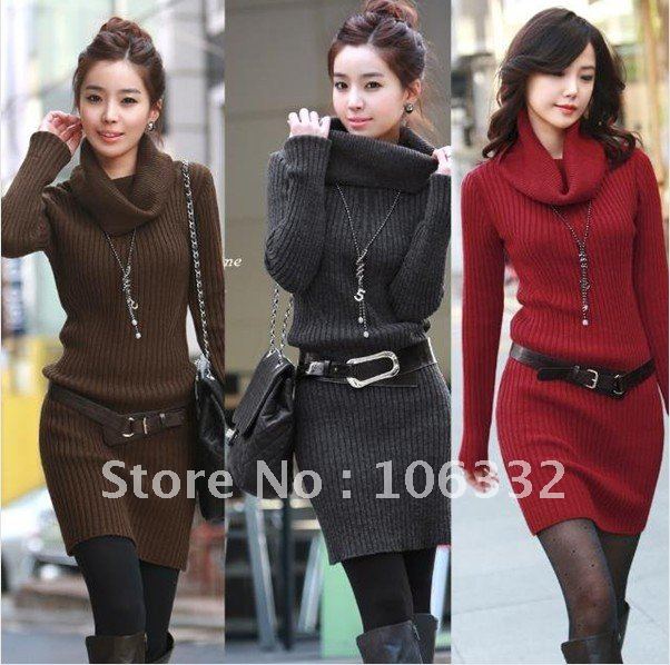 Free Shipping New Arrival Women's Hot Style long Sweater dress, ladies' sweater , thicken sweater 4 colors(not including belt )