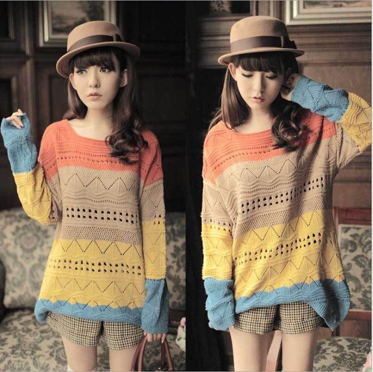 Free shipping new arrival women's pullover Rainbow Hollow long-sleeve loose big sweater female knitwear