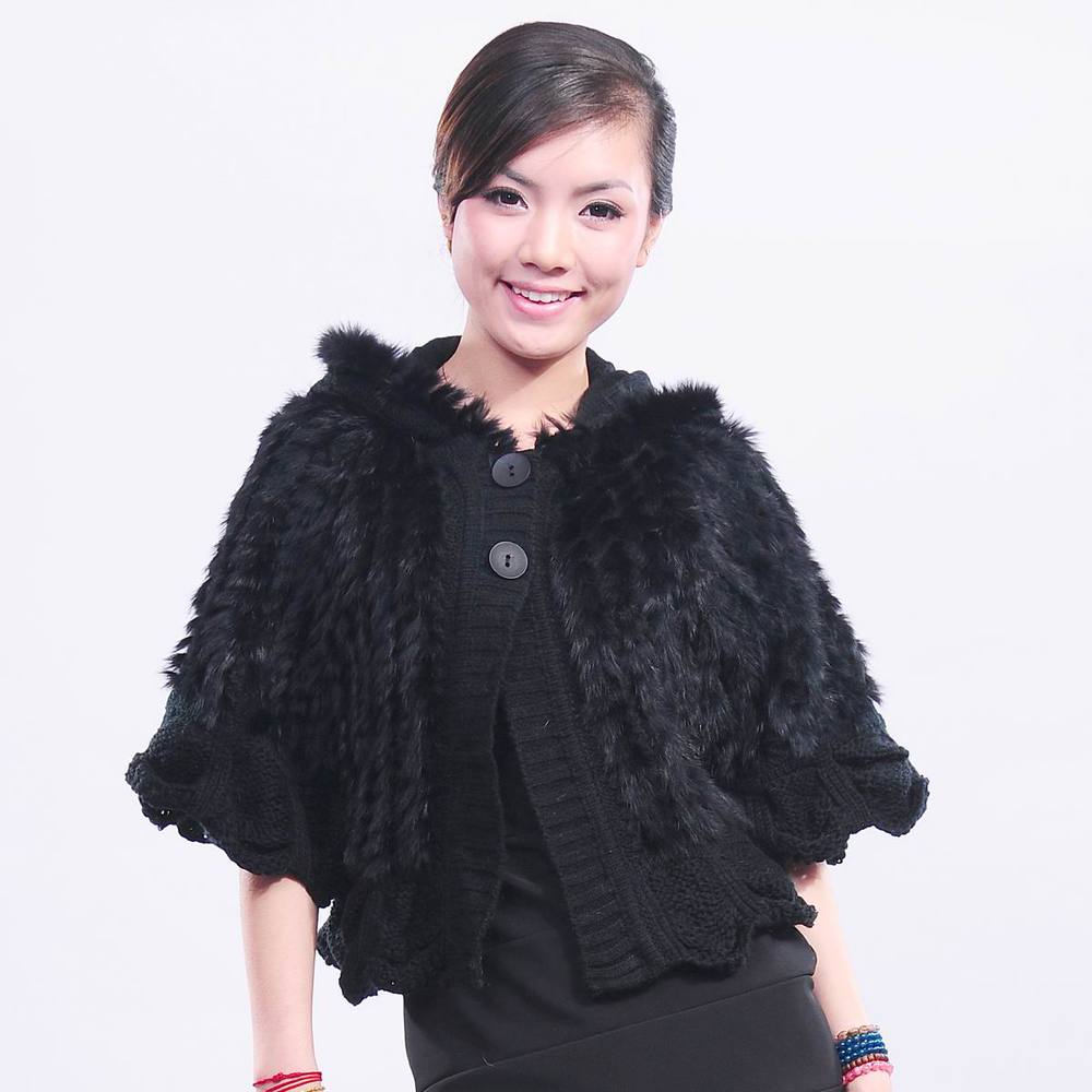 Free Shipping New arrival women's rabbit fur cardigan ruffle cutout cape hooded outerwear fur shorts