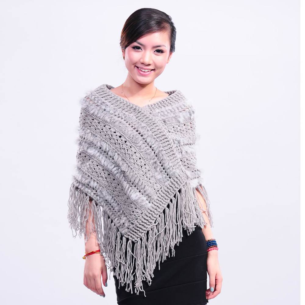 Free Shipping New arrival women's rabbit fur tassel cape fur cape trigonometric knitted rabbit fur shawl