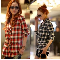 Free shipping new arrival women's slim medium-long plaid british style 100% cotton shirt top 2color C14