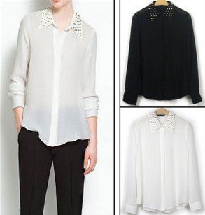 Free Shipping New Arrival Women turn-down collar long-sleeve Silk Chiffon Blouse Lady Fashion Soild Rivet Shirts