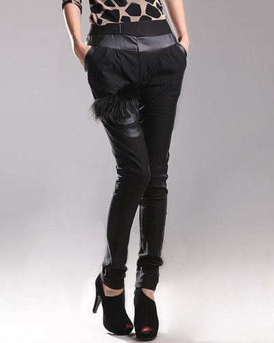 Free Shipping New Arrivals Fashion Black Harem Pants Skinny Tights Faux Leather Panels Leggings