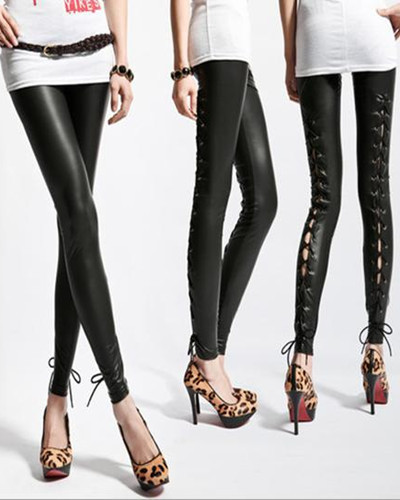 Free Shipping New Arrivals Fashion Faux Leather Leggings Ladies Back Lace-up Pants Skinny Tights