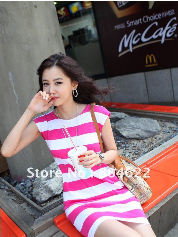 Free Shipping New Arrivals ladies Striped Dress,  100% ctton, South Korea's Style.S,M,L For women (AAC-120)