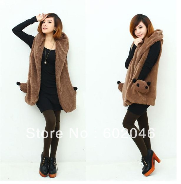 FREE SHIPPING NEW AUTUMN WINTER KOREAN LAMBS WOOL HOODED VEST COAT FASHION CUTE PANDA POCKET JACKET