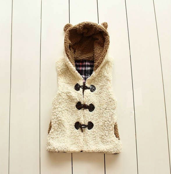 Free shipping New Autumn/Winter Womens Fashion Lovely Lamb Wool Rabbit Ears Hooded Waistcoat Vest Beige/Khaki B7037