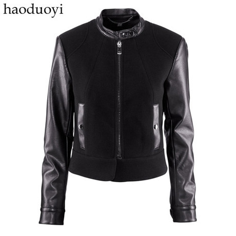 Free Shipping New Black PU patchwork black woolen long-sleeve outerwear front zipper slim motorcycle loading hm6 full